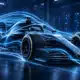 Illustrazione di una monoposto di Formula 1 generica circondata da linee di flusso d’aria in una simulazione aerodinamica.