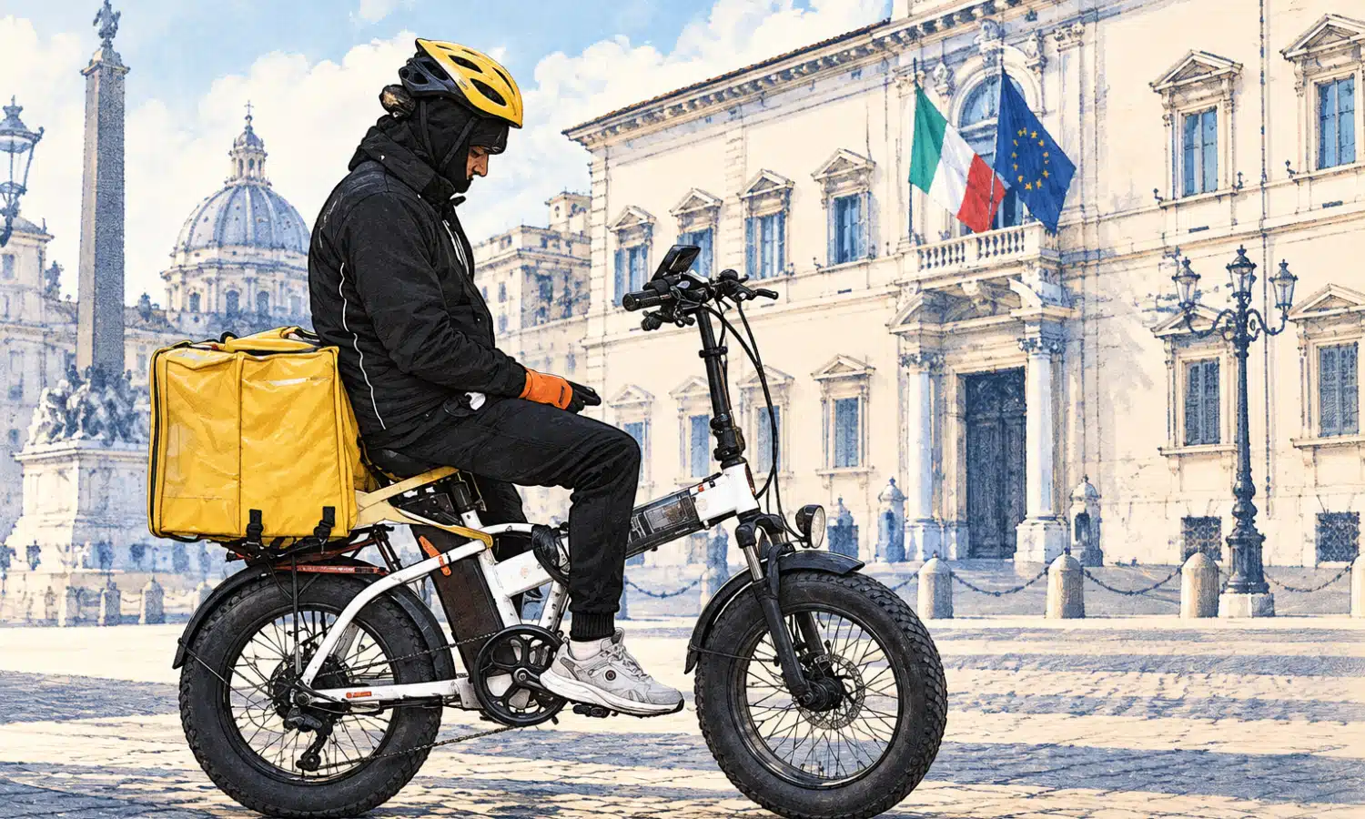 Illustrazione di un rider con casco fermo sulla bicicletta da consegna in una strada urbana essenziale.