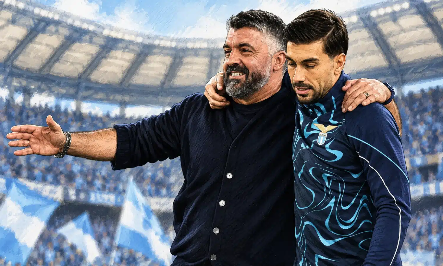 Due soggetti della foto di riferimento in primo piano, con uno sfondo essenziale dai toni blu e celesti.