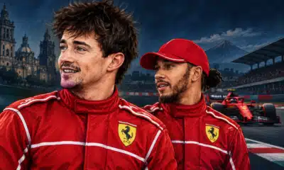 Illustrazione editoriale di Charles Leclerc in primo piano e Lewis Hamilton accanto, con una pista stilizzata sullo sfondo.
