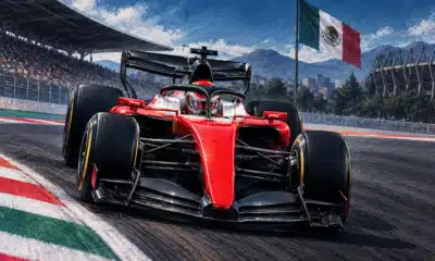 Illustrazione di una monoposto rossa di Formula 1 sulla pista, a richiamo del miglior tempo di Charles Leclerc nelle prime prove libere in Messico.