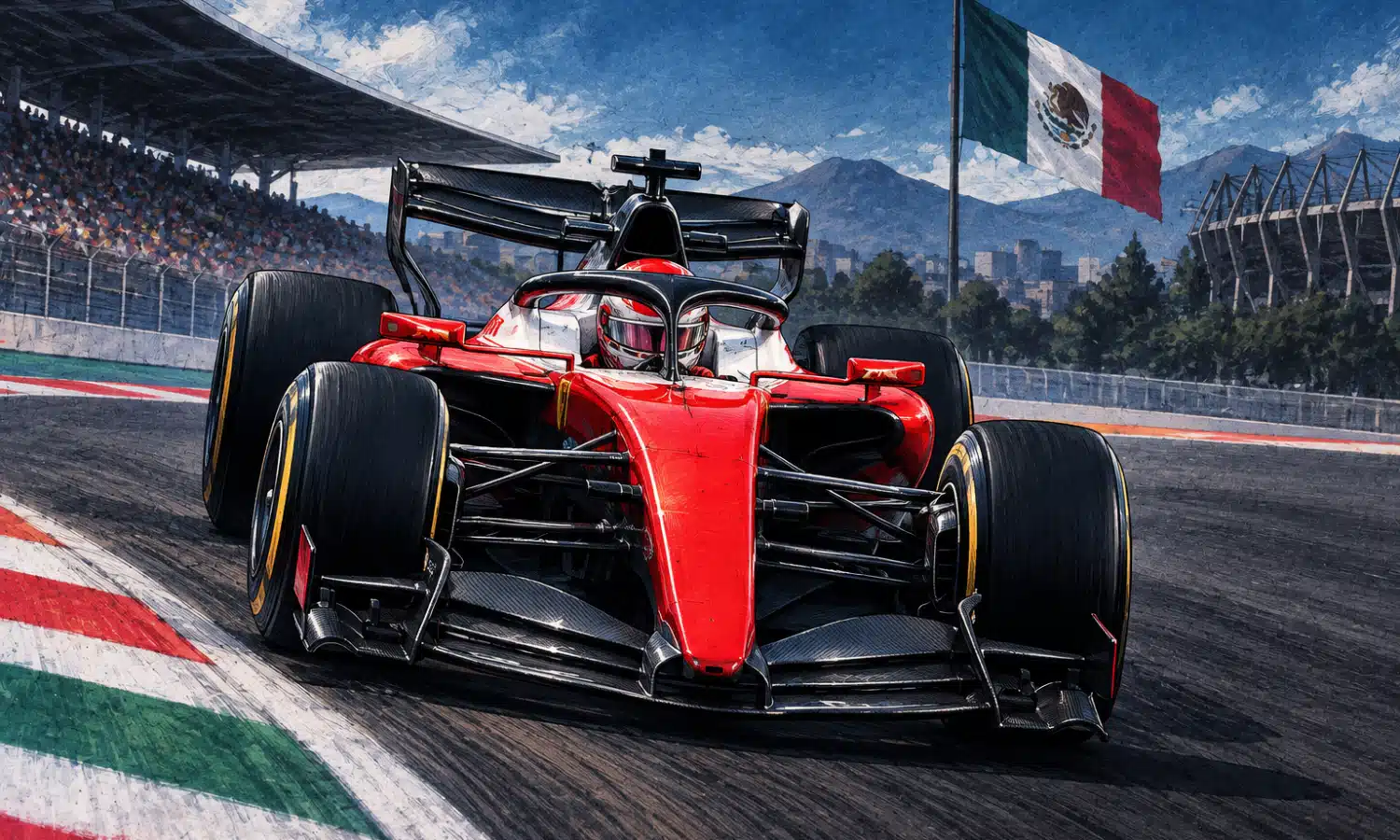 Illustrazione di una monoposto rossa di Formula 1 sulla pista, a richiamo del miglior tempo di Charles Leclerc nelle prime prove libere in Messico.