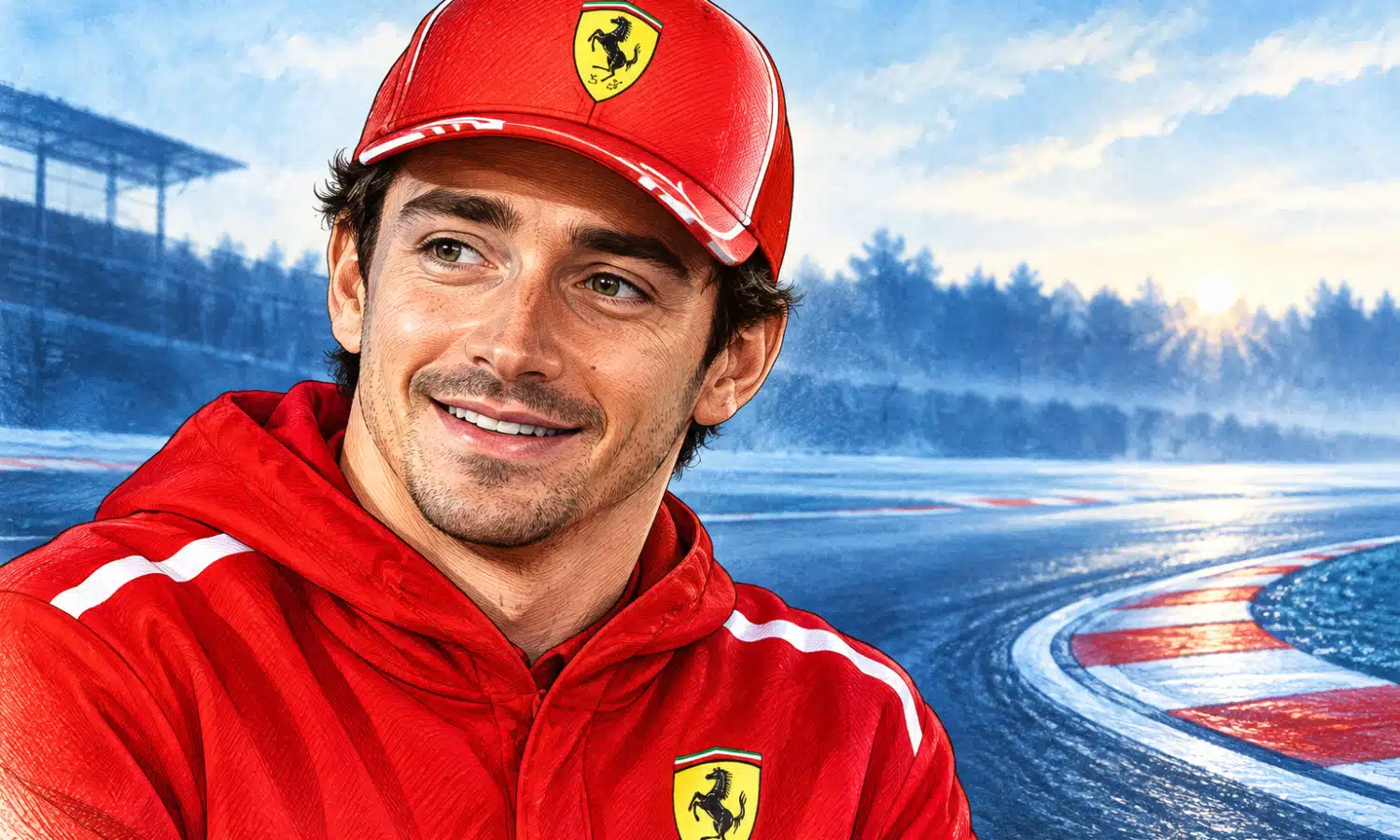 Illustrazione di Charles Leclerc davanti a un tratto essenziale di asfalto, con accenti blu e rossi.