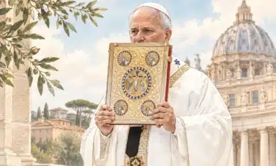 Ritratto illustrato di Leone XIV, basato sulla foto di riferimento, mentre tiene un libro davanti a un fondale chiaro e neutro.
