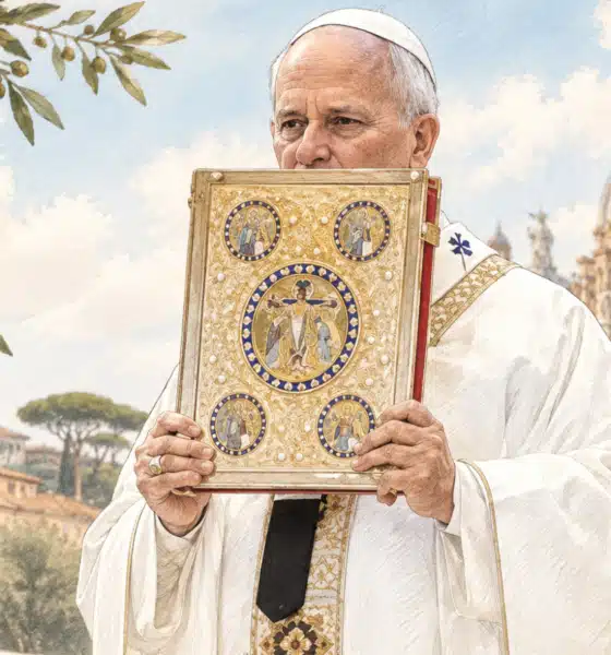 Ritratto illustrato di Leone XIV, basato sulla foto di riferimento, mentre tiene un libro davanti a un fondale chiaro e neutro.
