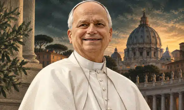 Illustrazione editoriale di Leone XIV a mezzo busto, con architettura vaticana sfumata sullo sfondo.