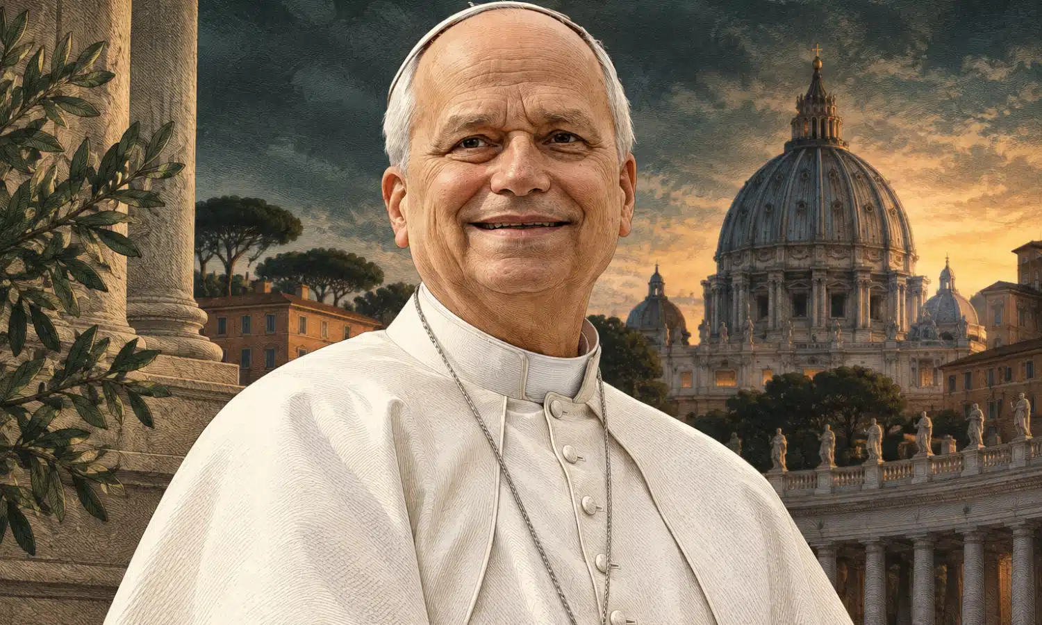 Illustrazione editoriale di Leone XIV a mezzo busto, con architettura vaticana sfumata sullo sfondo.