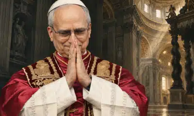 Ritratto illustrato di Leone XIV con, sullo sfondo, un dettaglio della Basilica di San Pietro.