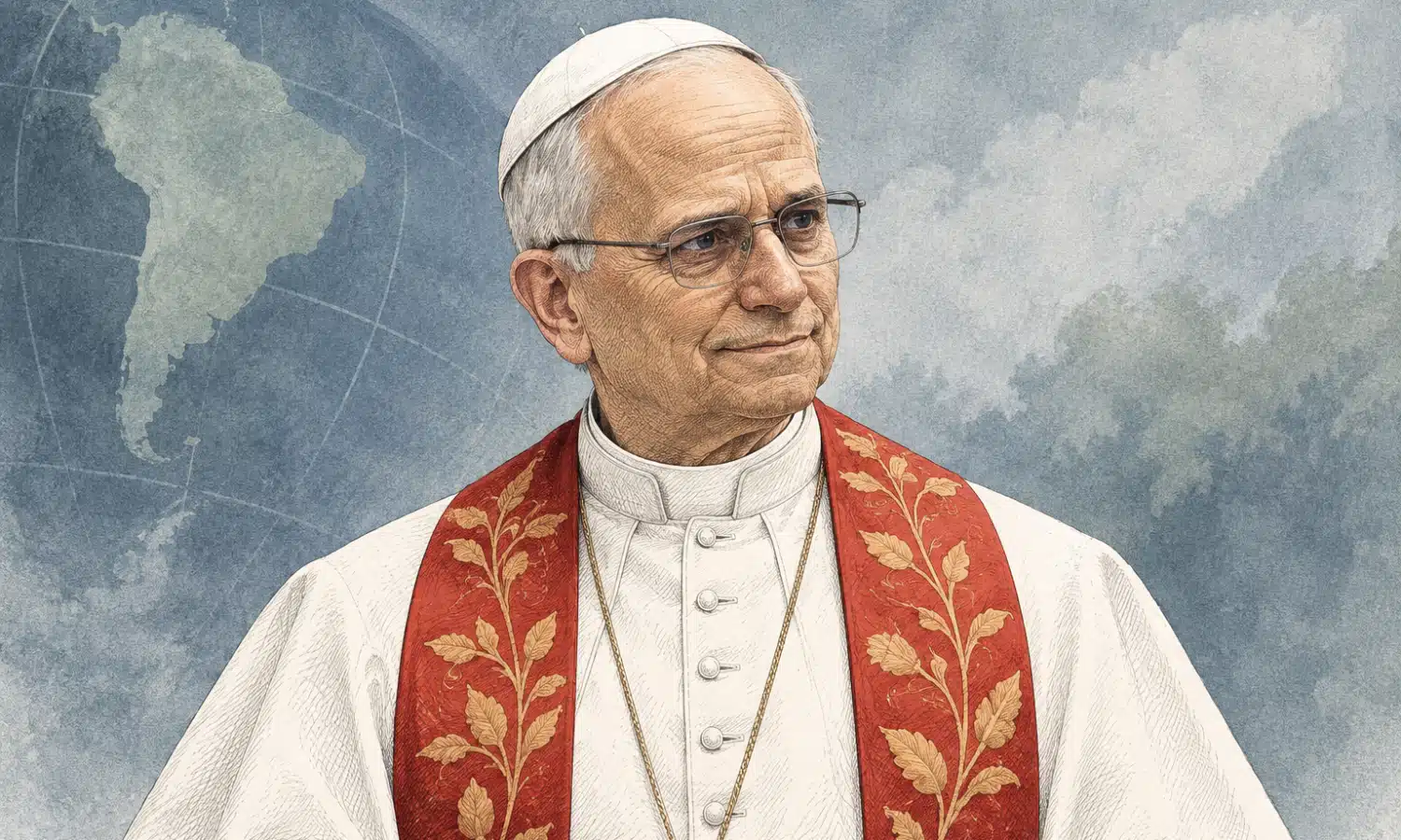 Ritratto editoriale del Papa, in abito bianco con un accento rosso, su sfondo sobrio.