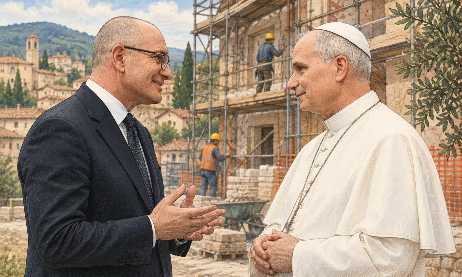 Illustrazione editoriale con Leone XIV e un delegato davanti a un edificio pubblico in ricostruzione.