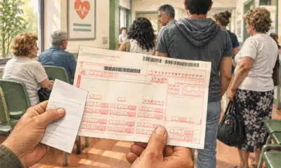 Un foglio di prenotazione sanitaria in primo piano e alcune figure in una sala d’attesa stilizzata.