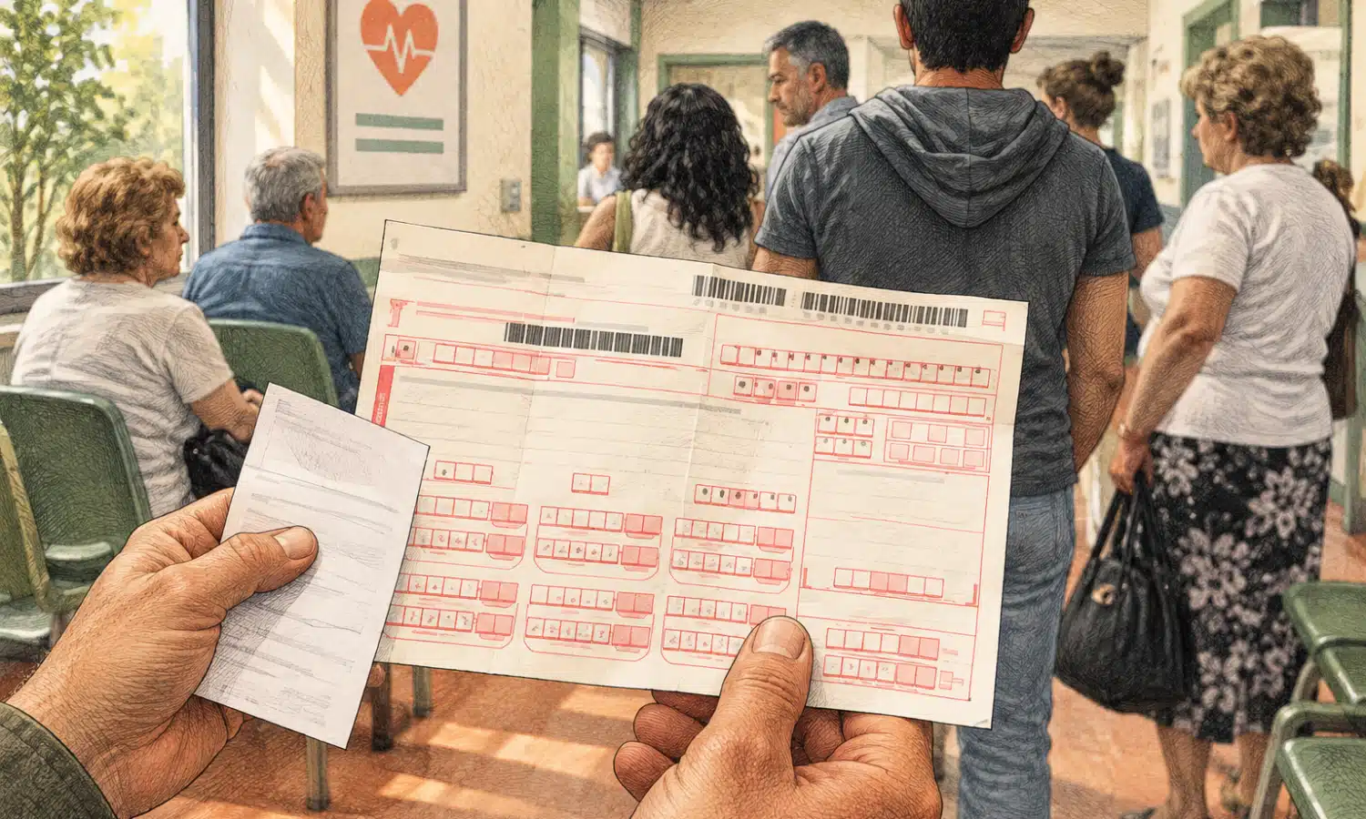 Un foglio di prenotazione sanitaria in primo piano e alcune figure in una sala d’attesa stilizzata.