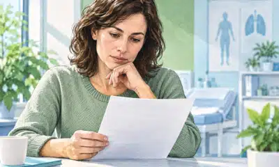 Illustrazione di una persona adulta anonima che consulta un questionario in un ambiente d’ufficio ospedaliero.