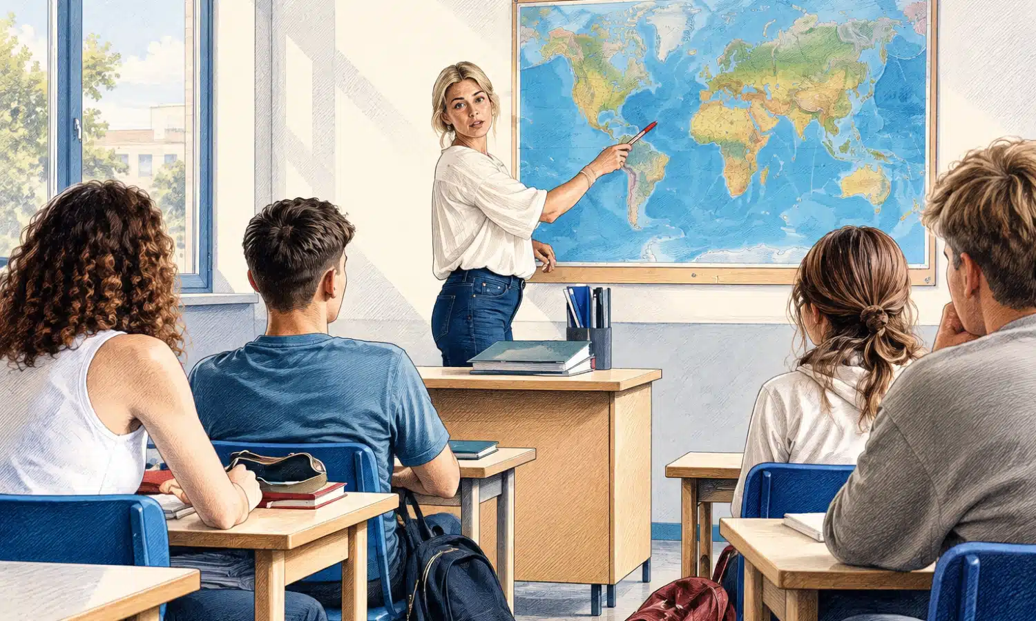 Illustrazione di una docente davanti agli studenti in un’aula scolastica.
