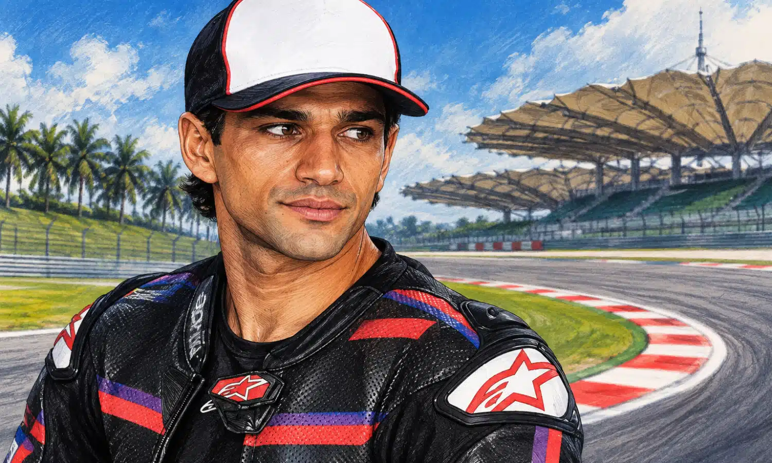 Illustrazione editoriale di Jorge Martín in primo piano, con la tuta da gara ispirata alla foto di riferimento e una curva del circuito di Sepang sullo sfondo.