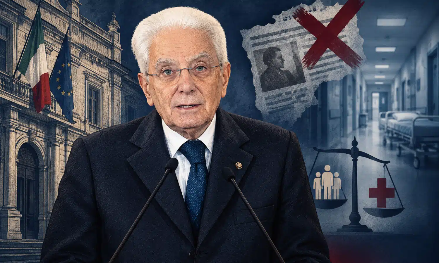 Ritratto illustrato di Mattarella con un corridoio sanitario appena accennato sullo sfondo.