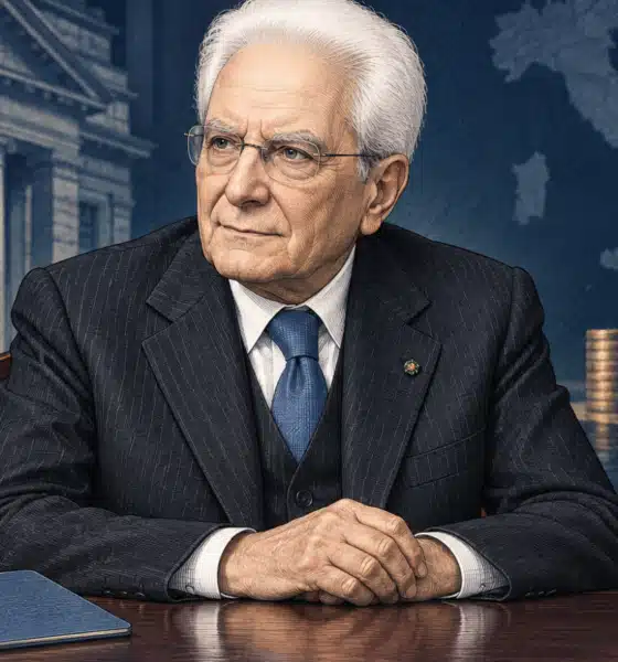 Illustrazione editoriale di Sergio Mattarella con un libretto di risparmio chiuso in primo piano.