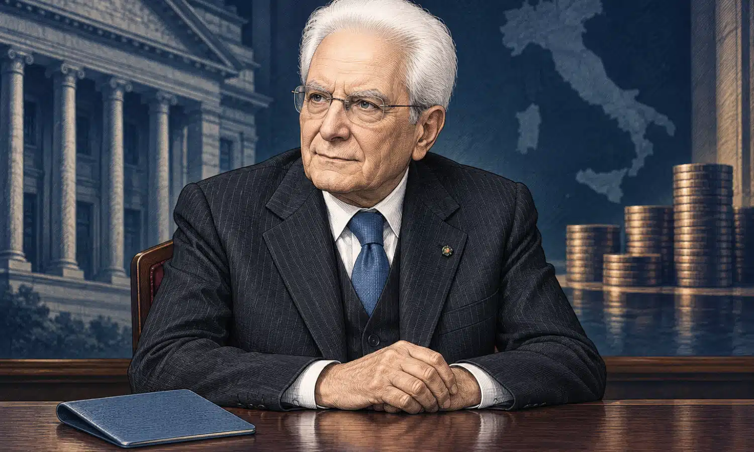 Illustrazione editoriale di Sergio Mattarella con un libretto di risparmio chiuso in primo piano.