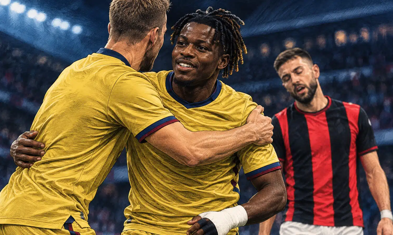 Illustrazione editoriale di un giocatore del Bologna che esulta con un compagno, mentre un avversario del Milan resta sullo sfondo.