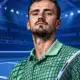 Ritratto illustrato di Daniil Medvedev con una racchetta da tennis e un campo indoor sfumato sullo sfondo.