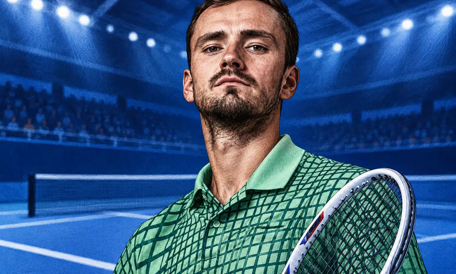 Ritratto illustrato di Daniil Medvedev con una racchetta da tennis e un campo indoor sfumato sullo sfondo.