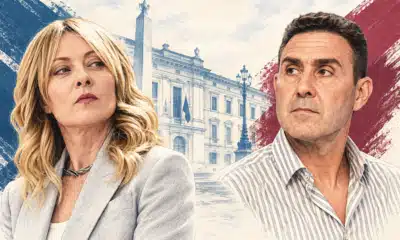 Illustrazione editoriale con i ritratti di Giorgia Meloni e Roberto Vannacci ai lati opposti di uno sfondo istituzionale essenziale.