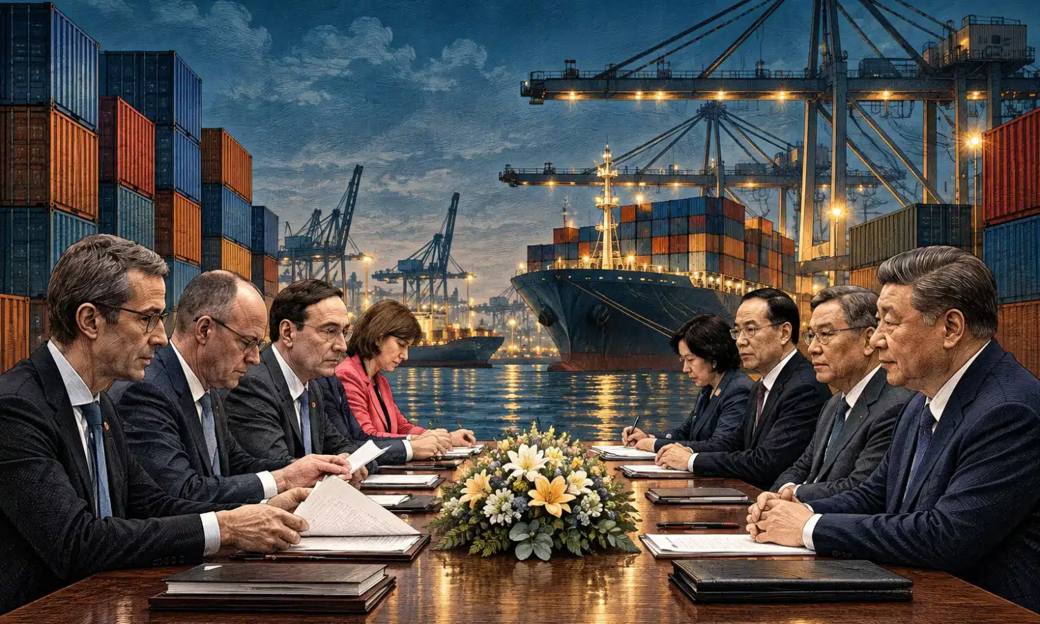 Illustrazione di un terminal portuale con container e nave da carico, simbolo degli scambi e delle catene di approvvigionamento tra Europa e Asia.