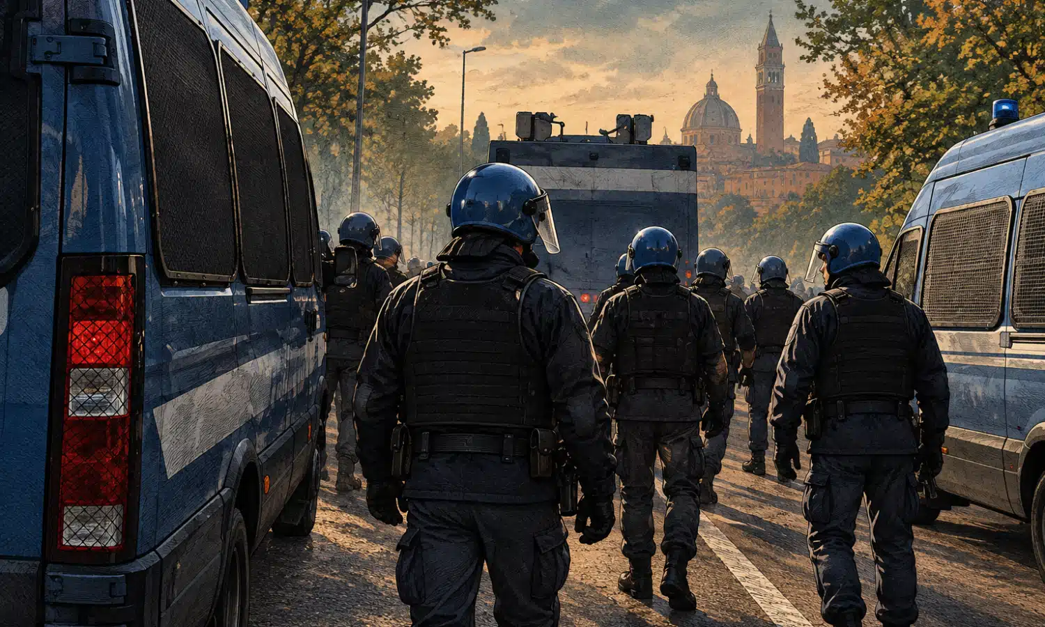 Illustrazione editoriale di agenti in uniforme accanto a un furgone della Polizia su una strada urbana.