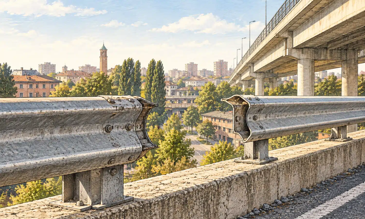 Illustrazione di un tratto di guardrail con un’apertura su un cavalcavia urbano, senza veicoli o persone.