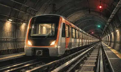 Illustrazione di un treno della metropolitana in un tunnel sotterraneo, con binari convergenti e luci selettive.