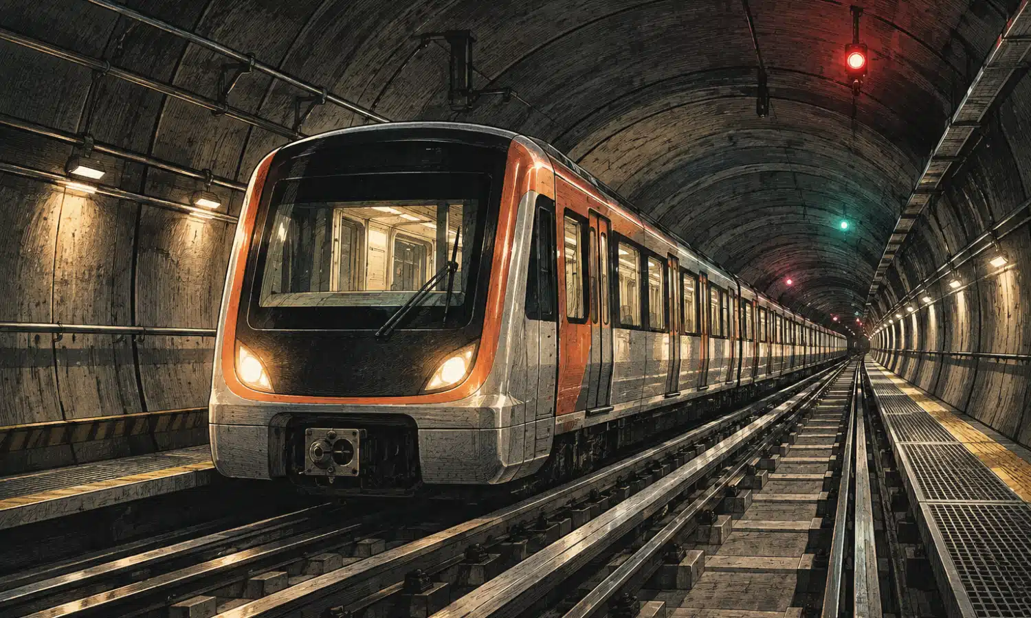Illustrazione di un treno della metropolitana in un tunnel sotterraneo, con binari convergenti e luci selettive.