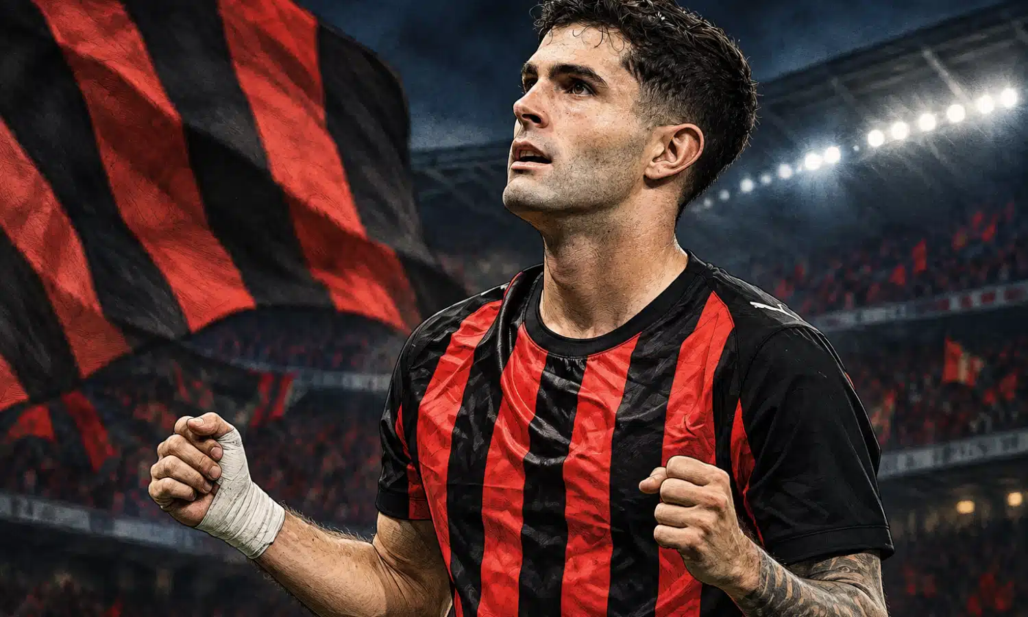 Illustrazione editoriale di Christian Pulisic in maglia rossonera, con lo stadio sullo sfondo.