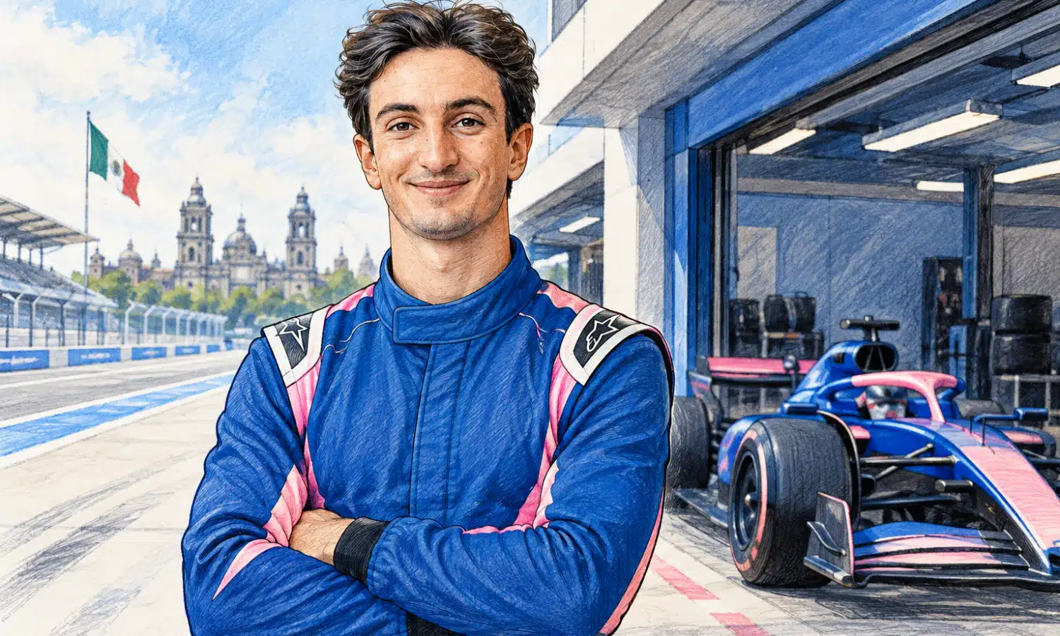 Illustrazione del pilota ritratto nella foto di riferimento accanto a una monoposto Alpine nei box.