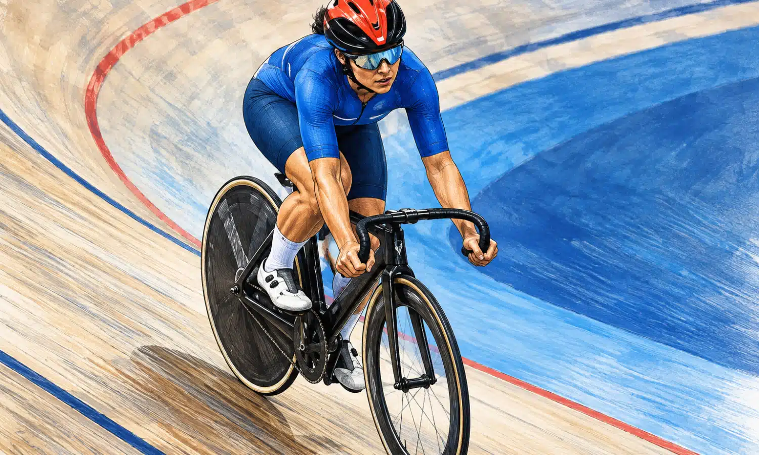 Illustrazione editoriale di una ciclista in tenuta blu che pedala sulla pista, per raccontare l’argento di Claudia Cretti nel chilometro C5 ai Mondiali di paraciclismo.