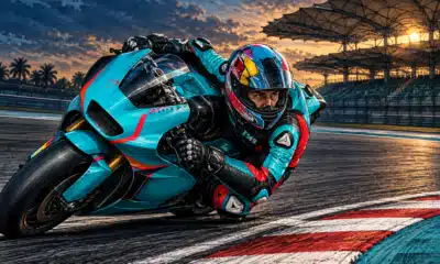 Illustrazione editoriale di una moto da Moto2 in piega su una curva di Sepang.