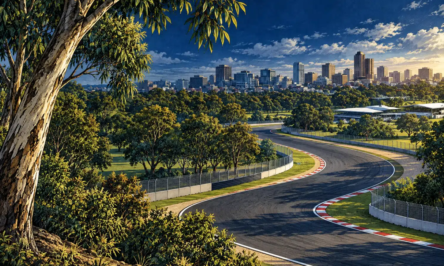 Illustrazione di una curva del circuito MotoGP proposto tra gli alberi degli Adelaide Park Lands.