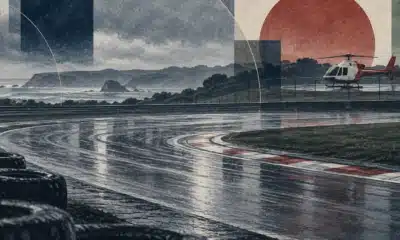 Pista bagnata e deserta con un elicottero medico a terra, in una composizione simbolica