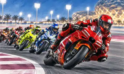 Illustrazione editoriale di un pilota in moto durante una gara, con il gruppo e il circuito sullo sfondo.