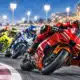 Illustrazione editoriale di un pilota in moto durante una gara, con il gruppo e il circuito sullo sfondo.