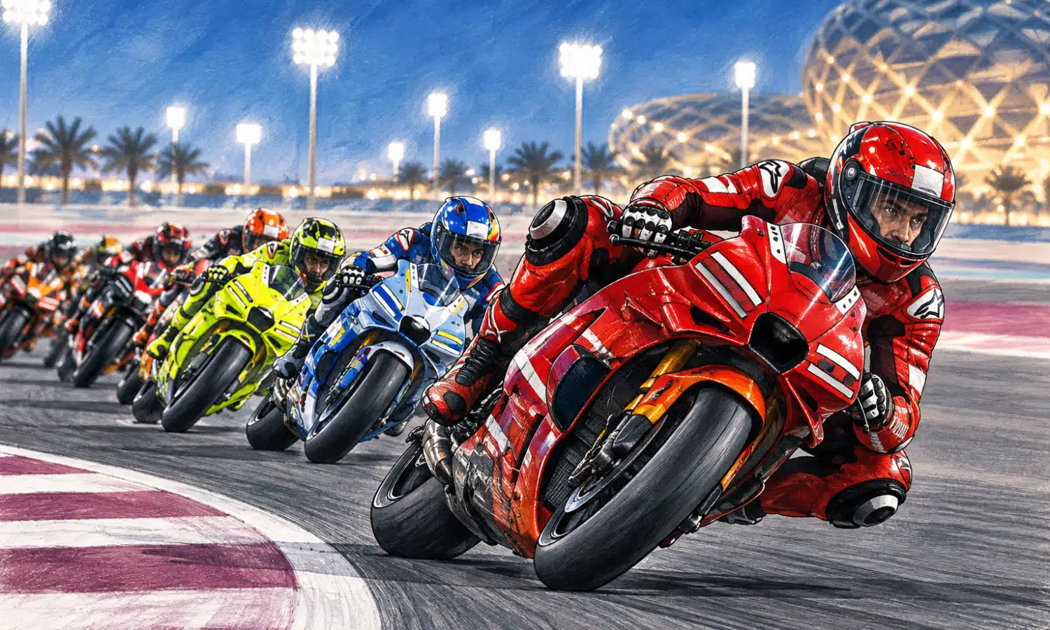 Illustrazione editoriale di un pilota in moto durante una gara, con il gruppo e il circuito sullo sfondo.