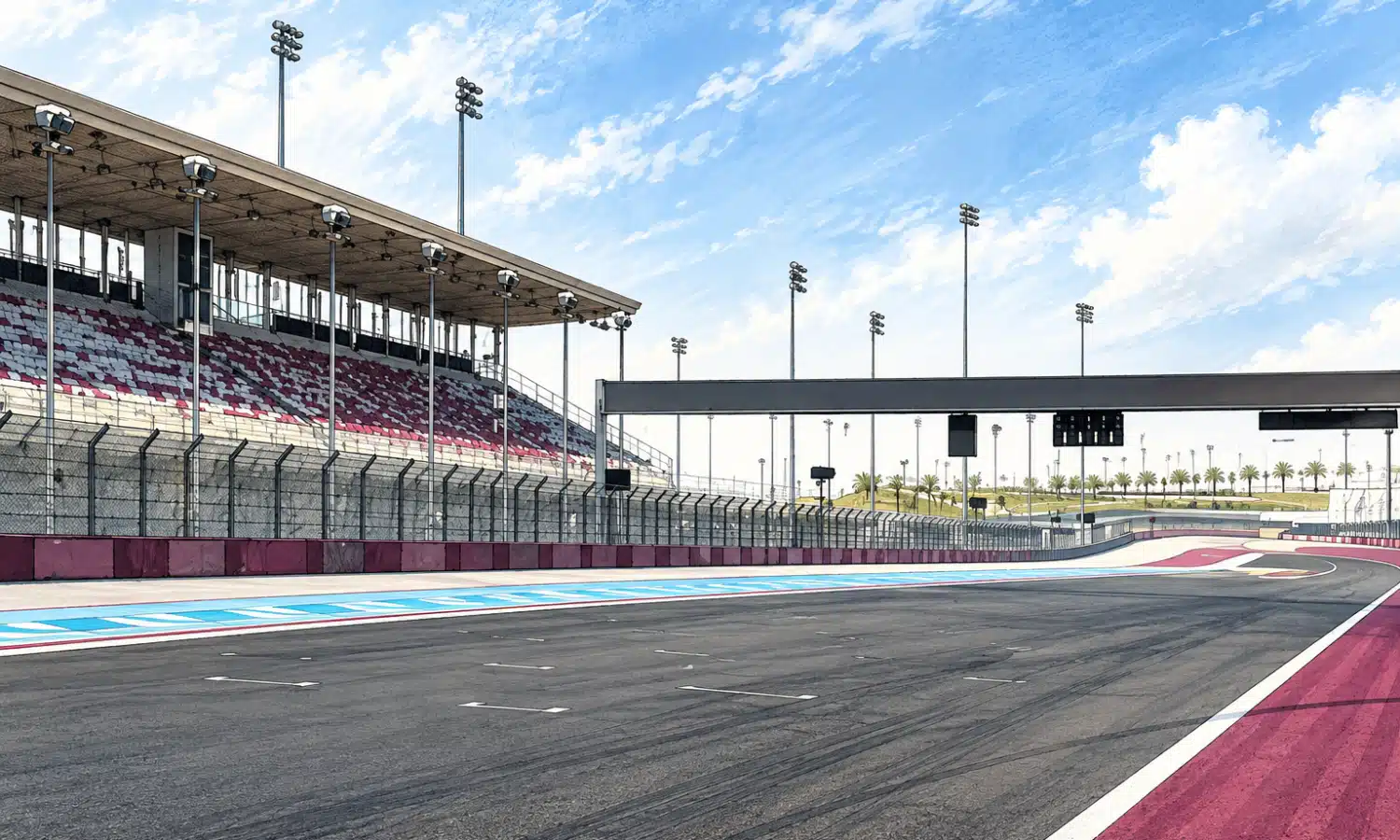 Illustrazione del circuito di Lusail vuoto, con la pista in primo piano e le tribune sullo sfondo.