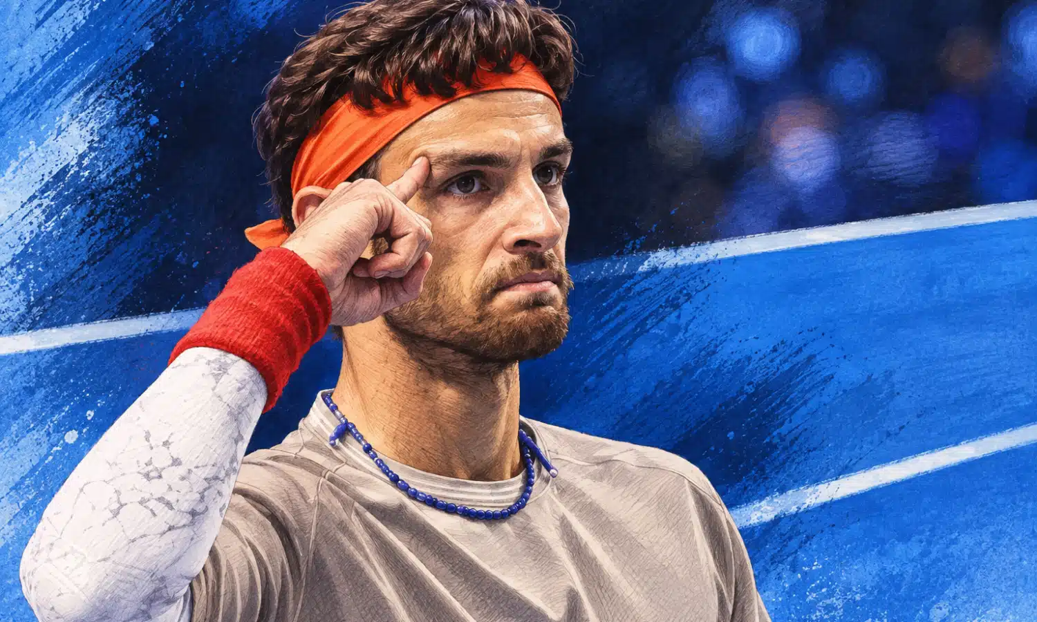 Illustrazione editoriale ravvicinata di Lorenzo Musetti, con sfondo blu che richiama un campo da tennis indoor.