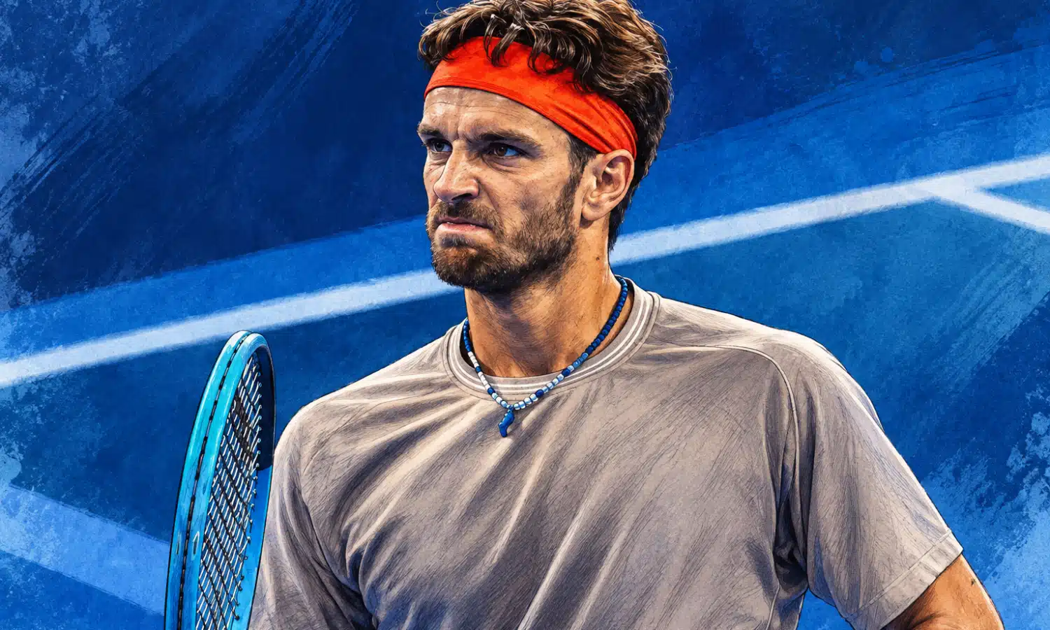 Illustrazione editoriale di Lorenzo Musetti con una racchetta, davanti a uno sfondo essenziale che richiama un campo da tennis indoor.