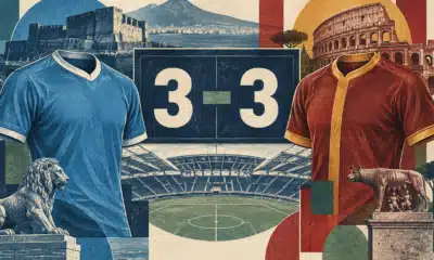 Maglie azzurra e giallorossa ai lati di un tabellone con il risultato 3-3