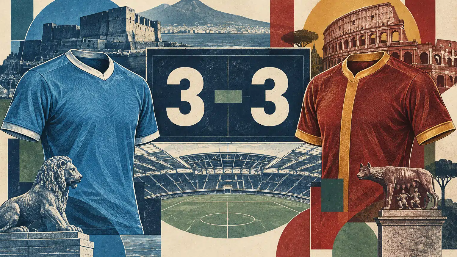 Maglie azzurra e giallorossa ai lati di un tabellone con il risultato 3-3