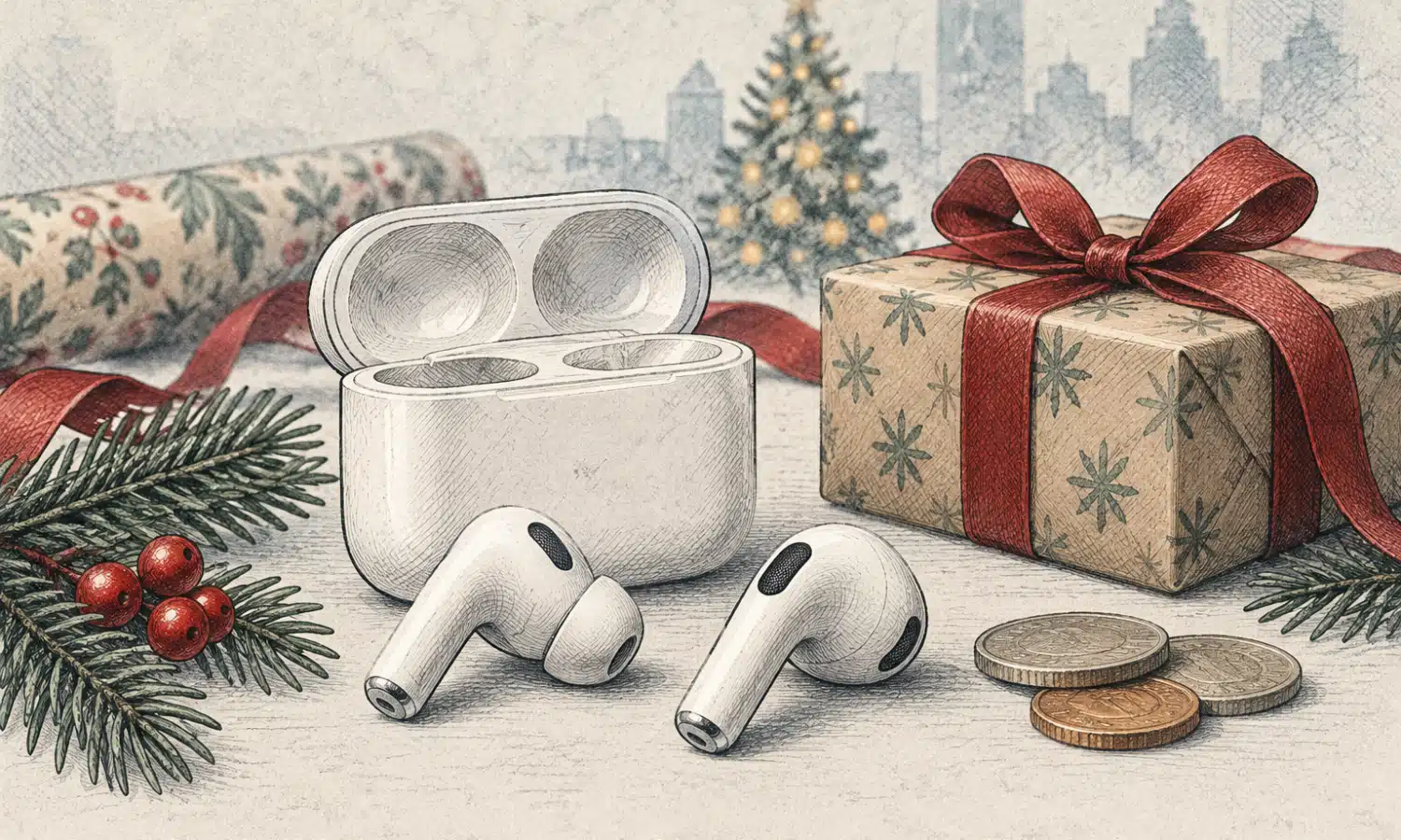 Auricolari wireless accanto a una confezione regalo e a poche monete, in un’illustrazione editoriale.
