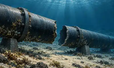 Illustrazione di una condotta sottomarina per il gas interrotta e inattiva, su un fondale blu scuro.