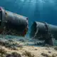 Illustrazione di una condotta sottomarina per il gas interrotta e inattiva, su un fondale blu scuro.