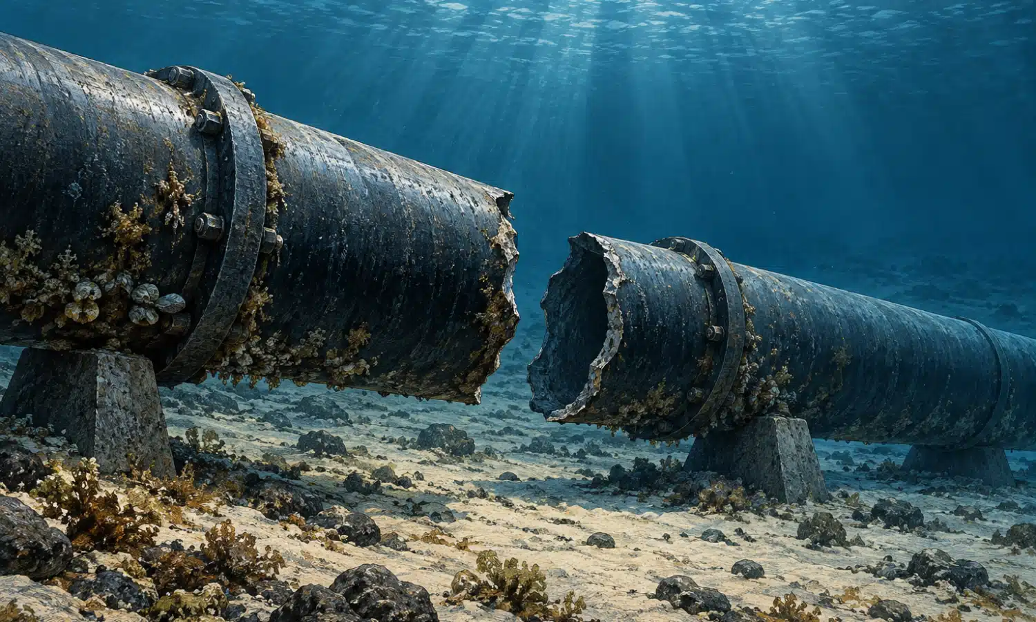 Illustrazione di una condotta sottomarina per il gas interrotta e inattiva, su un fondale blu scuro.