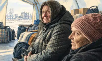 Illustrazione di un’anziana civile seduta, con un’altra persona anziana sullo sfondo, in attesa che la tregua locale permetta l’accesso agli aiuti.